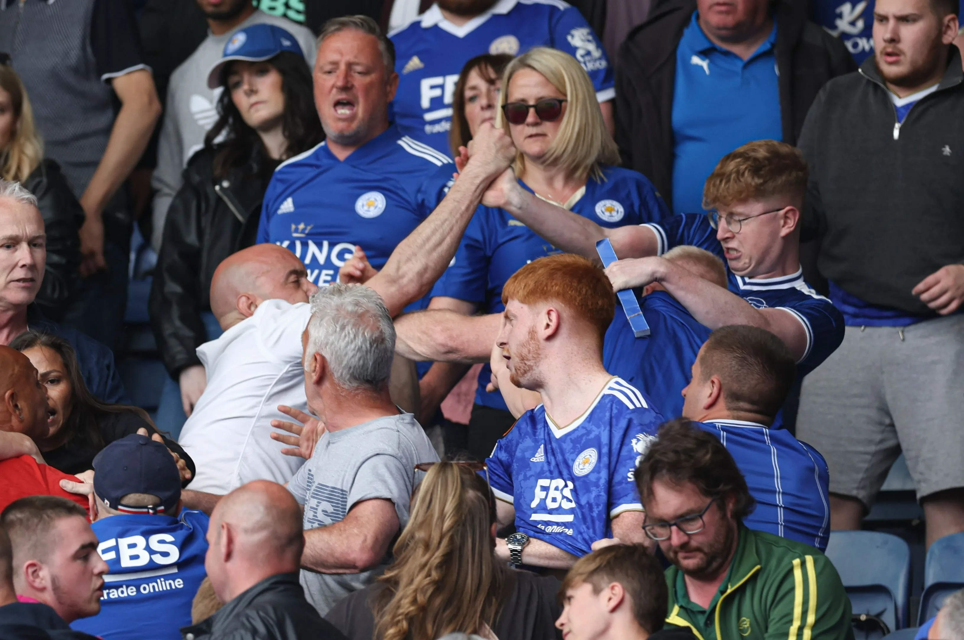 , Raging Leicester fans fight in stands as they turn on each other after they are relegated from Premier League