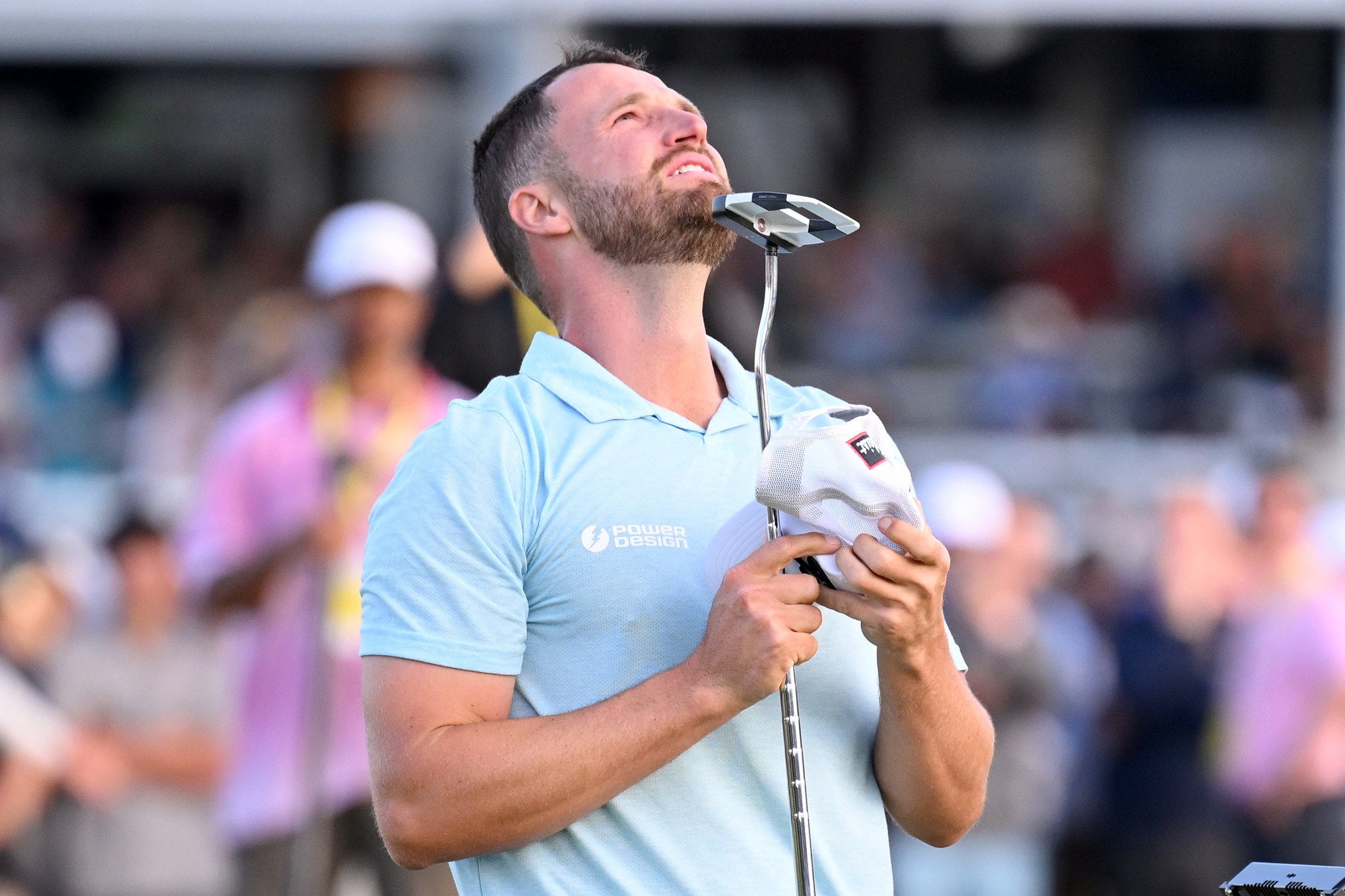 LOS ANGELES, CALIFORNIA - JUNE 18: Wyndham Clark of the United States reacts to his winning putt on the 18th green during the final round of the 123rd U.S. Open Championship at The Los Angeles Country Club on June 18, 2023 in Los Angeles, California. (Photo by Ross Kinnaird/Getty Images)
