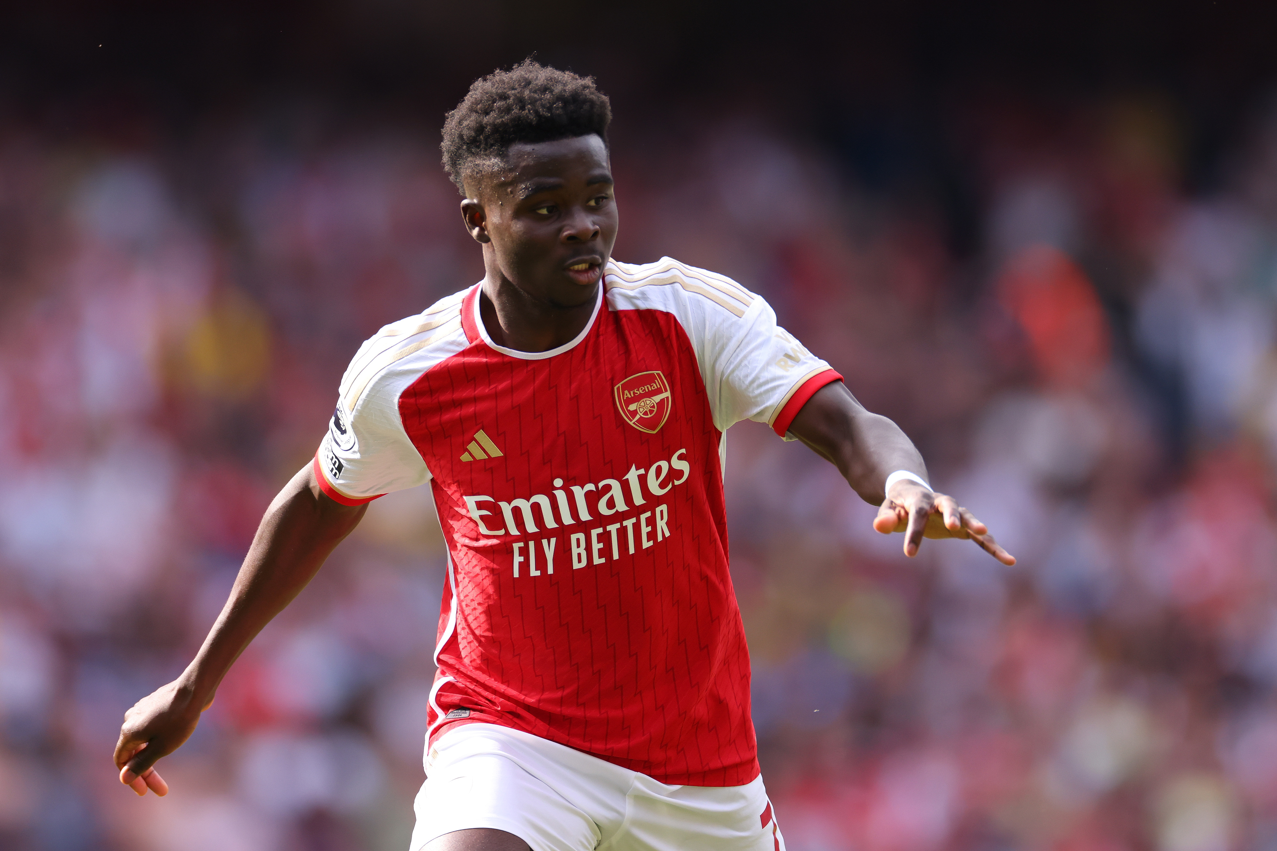 LONDON, ENGLAND - MAY 28: Bukayo Saka of Arsenal during the Premier League match between Arsenal FC and Wolverhampton Wanderers at Emirates Stadium on May 28, 2023 in London, United Kingdom. (Photo by Marc Atkins/Getty Images)