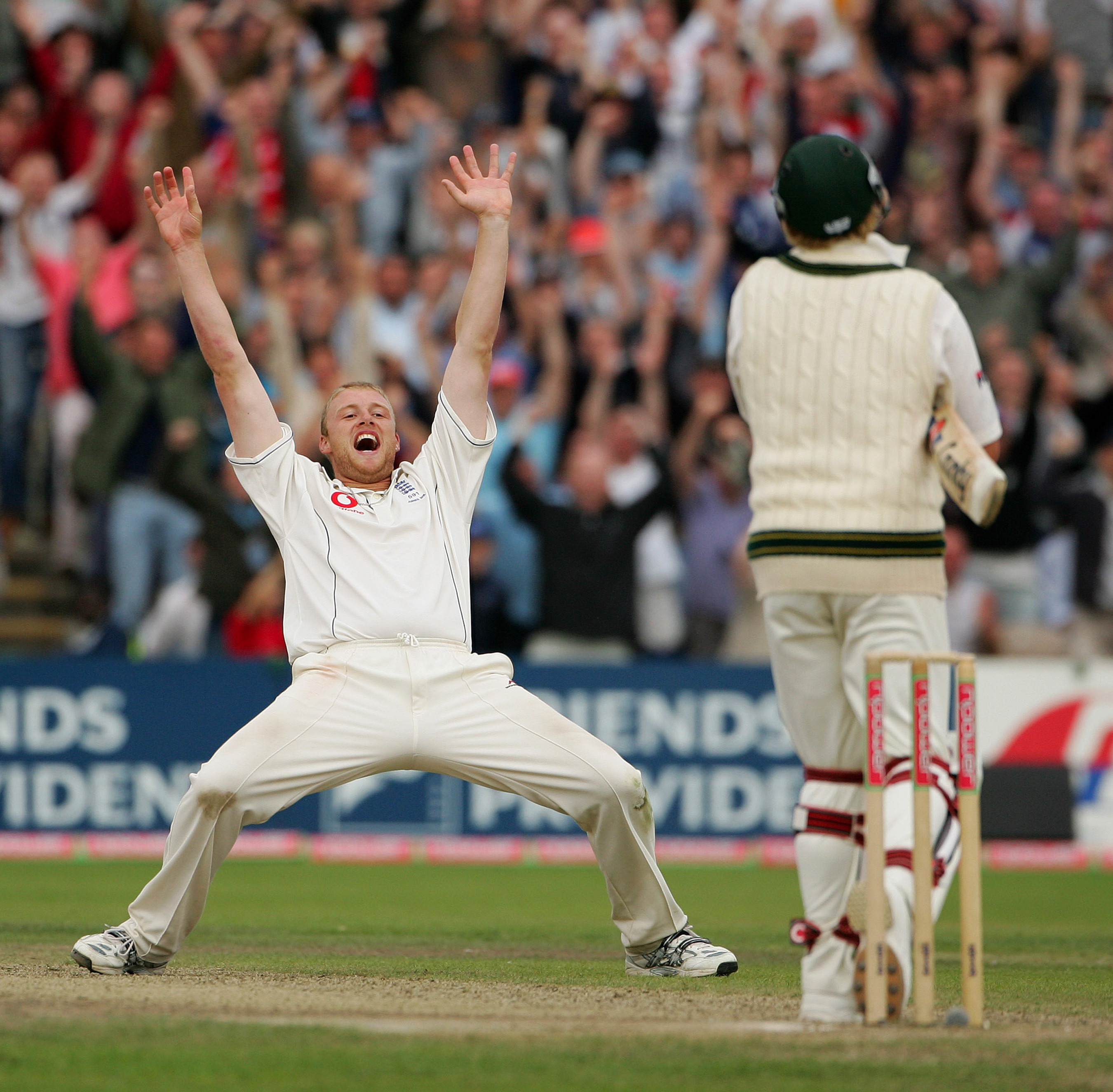 England's Andrew Flintoff celebrates after getting the wicket of Australia's Shane Warne on the final day during the 3rd Ashes cricket Test match between England and Australia at Old Trafford, Manchester England on the 15th of August 2005. (Photo by Philip Brown/Popperfoto/Getty Images)