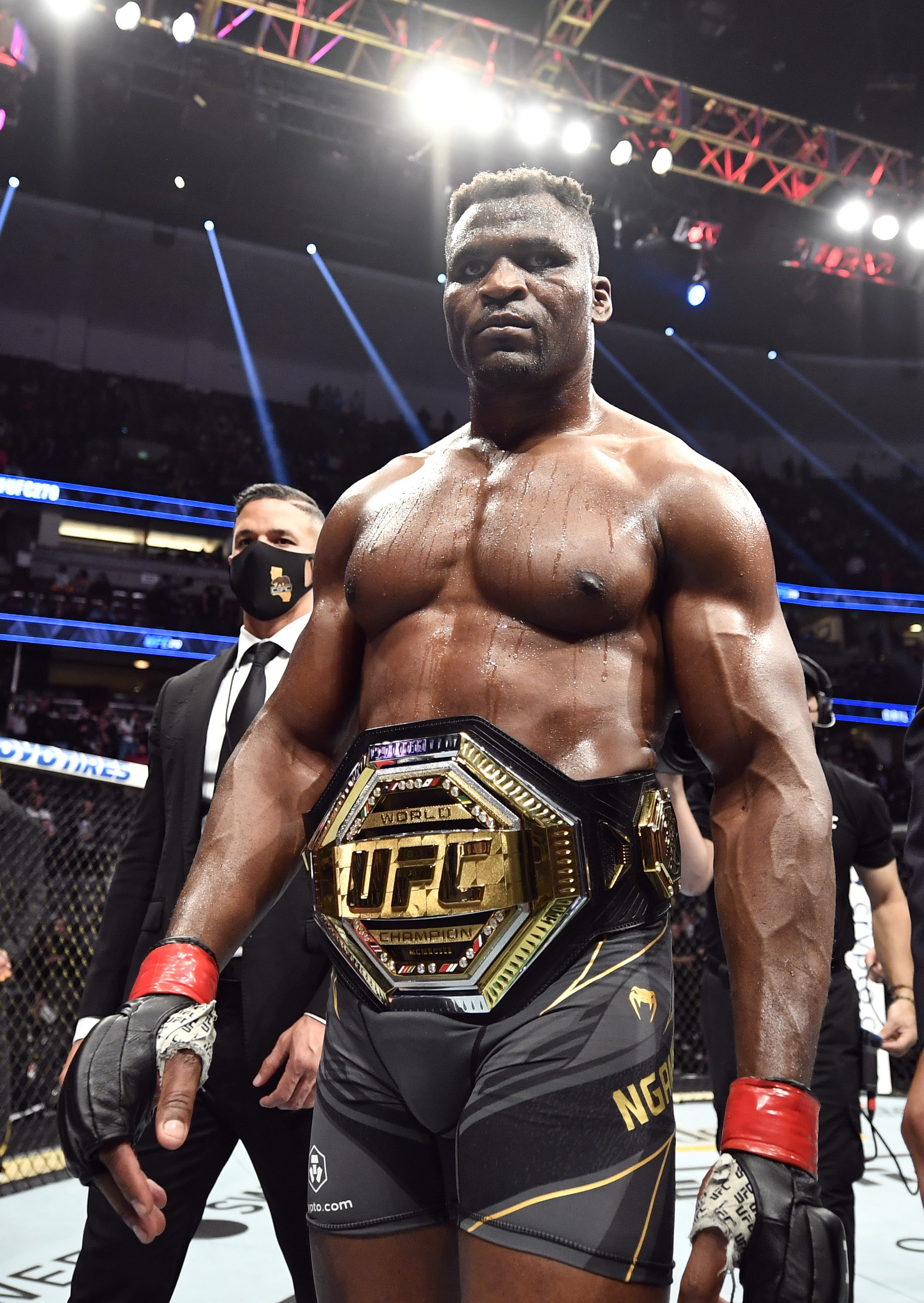 ANAHEIM, CALIFORNIA - JANUARY 22: Francis Ngannou of Cameroon celebrates after his victory over Ciryl Gane of France in their UFC heavyweight championship fight during the UFC 270 event at Honda Center on January 22, 2022 in Anaheim, California. (Photo by Chris Unger/Zuffa LLC)