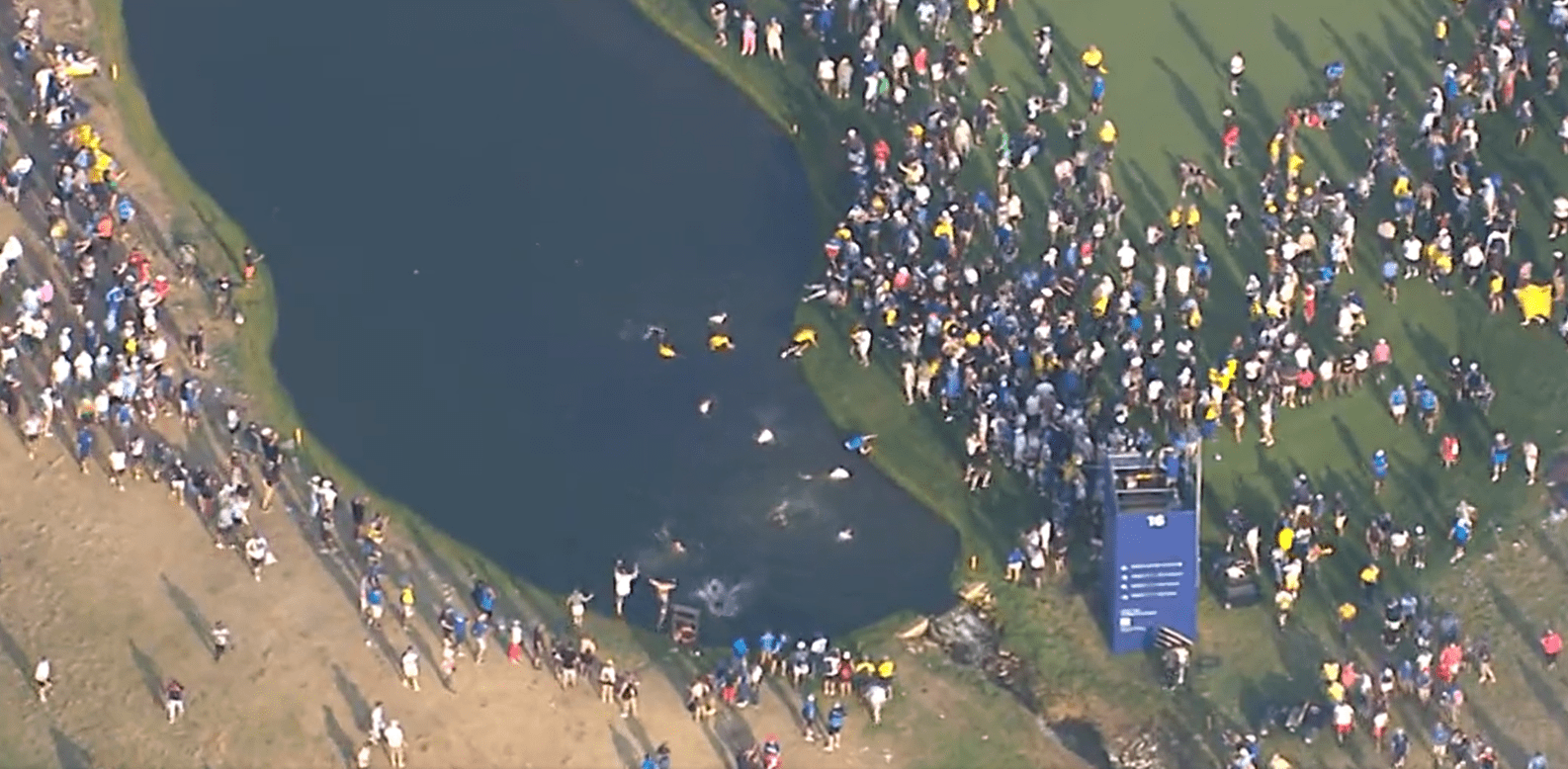 , Ryder Cup Pandemonium as European Fans Dive Into Lake in Celebration, Led by Enthusiastic Grey-Haired Supporter